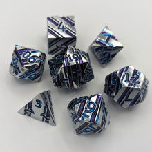 Load image into Gallery viewer, Silver with Blue Stripes Metal Dice Set