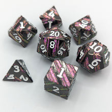 Load image into Gallery viewer, Black with Purple Stripes Metal Dice Set