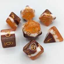 Load image into Gallery viewer, Solid color layers with chocolate brown, then marshmallow white, and graham cracker light brown. Gold font with Talys Dragon. 7 Piece Standard Size Dice Set