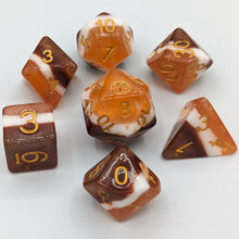Load image into Gallery viewer, Solid color layers with chocolate brown, then marshmallow white, and graham cracker light brown. Gold font with Talys Dragon. 7 Piece Standard Size Dice Set