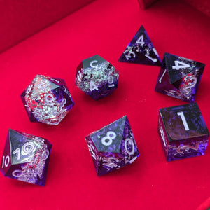 3 Layer dice with dark transparent purple layer, then clear layer with dense small silver glitter, and another dark purple transparent purple layer. Light purple ink