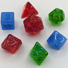 Load image into Gallery viewer, Single color transparent red with red glitter D20, D00, and D4. Single color transparent blue with blue glitter D10 and D6. Single color transparent green with green glitter D12 and D8. Matching color fonts for each dice with Talys Dragon. 7 Piece Standard Size Dice Set