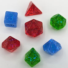 Load image into Gallery viewer, Single color transparent red with red glitter D20, D00, and D4. Single color transparent blue with blue glitter D10 and D6. Single color transparent green with green glitter D12 and D8. Matching color fonts for each dice with Talys Dragon. 7 Piece Standard Size Dice Set