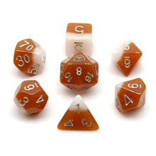 Load image into Gallery viewer, White solid shimmer layer and caramel solid shimmer layer. Silver font with Talys Dragon. 7 Piece Standard Size Dice Set