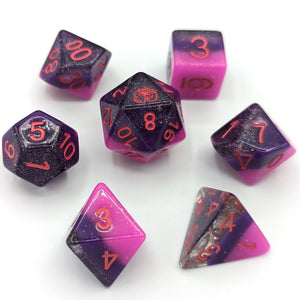 Silver glitter clear layer, dark purple shimmer layer, and shimmer bright pink layered dice. Red font with Talys Dragon. 7 Piece Standard Size Dice Set