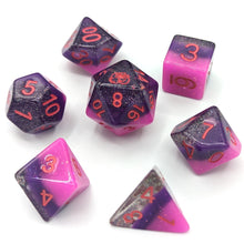 Load image into Gallery viewer, Silver glitter clear layer, dark purple shimmer layer, and shimmer bright pink layered dice. Red font with Talys Dragon. 7 Piece Standard Size Dice Set