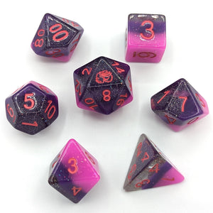 Silver glitter clear layer, dark purple shimmer layer, and shimmer bright pink layered dice. Red font with Talys Dragon. 7 Piece Standard Size Dice Set