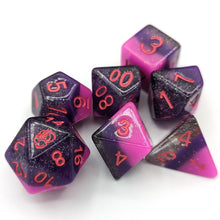 Load image into Gallery viewer, Silver glitter clear layer, dark purple shimmer layer, and shimmer bright pink layered dice. Red font with Talys Dragon. 7 Piece Standard Size Dice Set