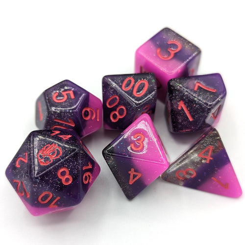 Silver glitter clear layer, dark purple shimmer layer, and shimmer bright pink layered dice. Red font with Talys Dragon. 7 Piece Standard Size Dice Set