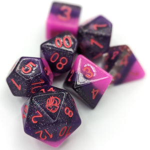 Silver glitter clear layer, dark purple shimmer layer, and shimmer bright pink layered dice. Red font with Talys Dragon. 7 Piece Standard Size Dice Set