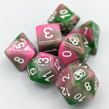 Load image into Gallery viewer, Light green, pink, and white marbled dice. White font with Talys Dragon. 7 Piece Standard Size Dice Set