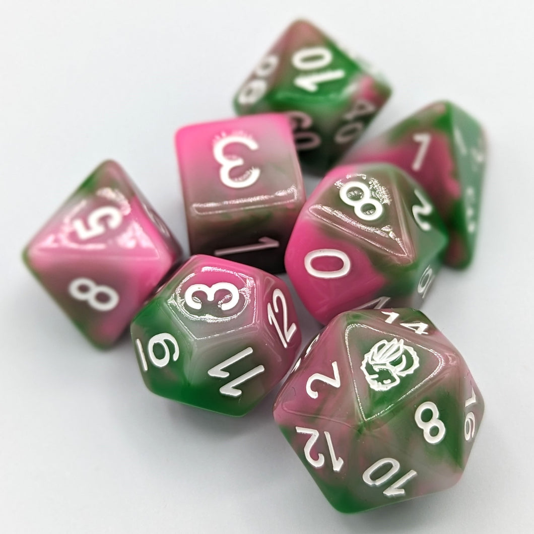 Light green, pink, and white marbled dice. White font with Talys Dragon. 7 Piece Standard Size Dice Set