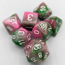 Load image into Gallery viewer, Light green, pink, and white marbled dice. White font with Talys Dragon. 7 Piece Standard Size Dice Set