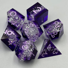 Load image into Gallery viewer, 3 Layer dice with dark transparent purple layer, then clear layer with dense small silver glitter, and another dark purple transparent purple layer. Light purple ink
