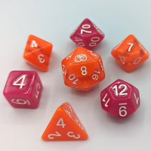 Load image into Gallery viewer, Bright orange opaque D20, D10, D8, and D4 with 2 clear stripes. Darker but vibrant pink opaque D12, D00, and D6 with 2 clear stripes. White font with Talys Dragon. 7 Piece Standard Size Dice Set