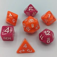 Load image into Gallery viewer, Bright orange opaque D20, D10, D8, and D4 with 2 clear stripes. Darker but vibrant pink opaque D12, D00, and D6 with 2 clear stripes. White font with Talys Dragon. 7 Piece Standard Size Dice Set