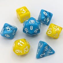 Load image into Gallery viewer, Bright sky blue opaque D20, D10, D8, and D4 with 2 clear stripes. Neon yellow opaque D12, D00, and D6 with 2 clear stripes. White font with Talys Dragon. 7 Piece Standard Size Dice Set
