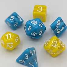 Load image into Gallery viewer, Bright sky blue opaque D20, D10, D8, and D4 with 2 clear stripes. Neon yellow opaque D12, D00, and D6 with 2 clear stripes. White font with Talys Dragon. 7 Piece Standard Size Dice Set