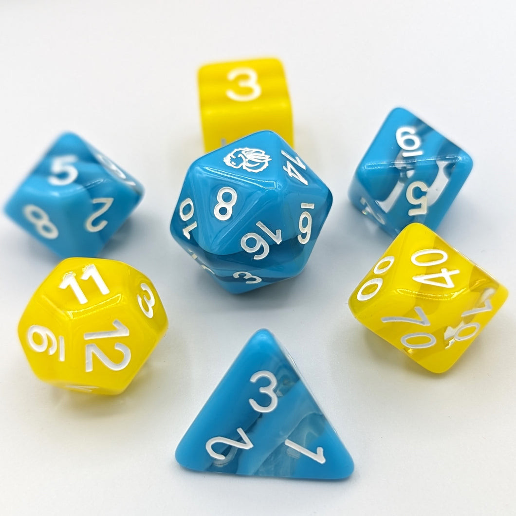 Bright sky blue opaque D20, D10, D8, and D4 with 2 clear stripes. Neon yellow opaque D12, D00, and D6 with 2 clear stripes. White font with Talys Dragon. 7 Piece Standard Size Dice Set