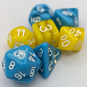 Bright sky blue opaque D20, D10, D8, and D4 with 2 clear stripes. Neon yellow opaque D12, D00, and D6 with 2 clear stripes. White font with Talys Dragon. 7 Piece Standard Size Dice Set