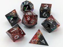 Load image into Gallery viewer, Bloodstone dark red and black dice with gold flakes and silver font
