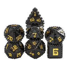 Load image into Gallery viewer, Black and Gold Rivet Metal Dice Set