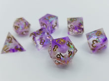 Load image into Gallery viewer, Purple nebula pattern transparent dice with multi-chromatic foil. Gold ink
