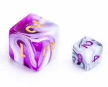 Load image into Gallery viewer, White Black Marble with Purple Font Mini Dice Set