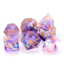 Load image into Gallery viewer, Illusion purple swirl dice with gold font
