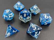 Load image into Gallery viewer, Tides Blue and White Dice Set with White Font