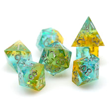 Load image into Gallery viewer, Transmutation light blue and gold yellow layered dice with silver font