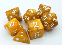 Load image into Gallery viewer, Golden Tan Pearl Dice Set