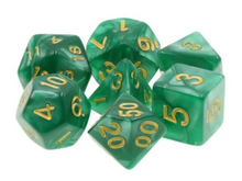 Load image into Gallery viewer, Green Gold Pearl Dice Set
